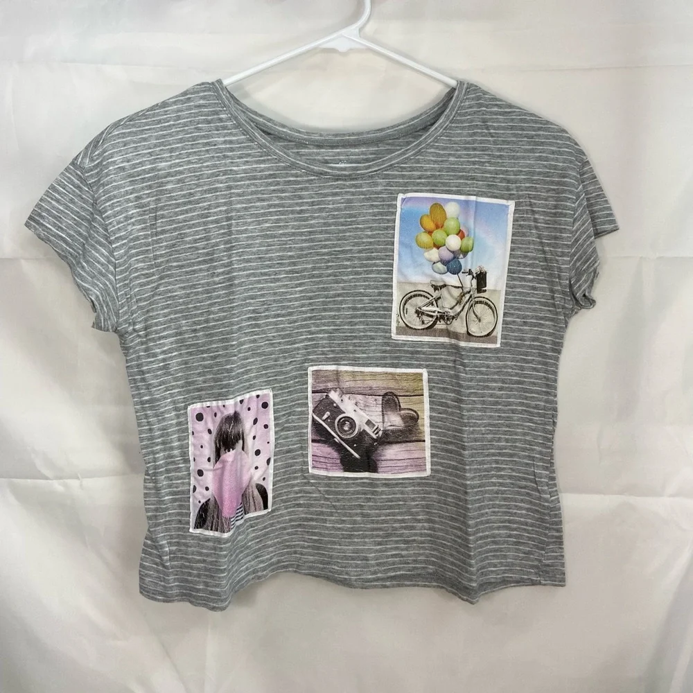 EUC Justice girl’s gray white striped photo cropped short sleeve summer shirt 14